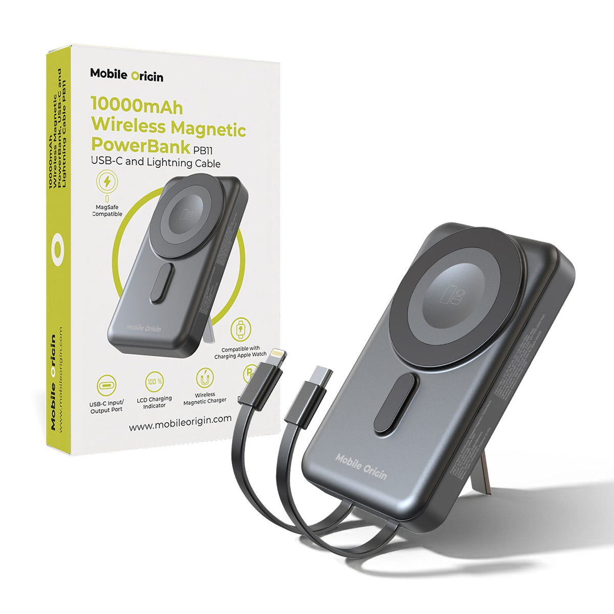 Mobile Origin Wireless Magnetic PowerBank 10000mAh, USB-C and Lightning Cable PB11