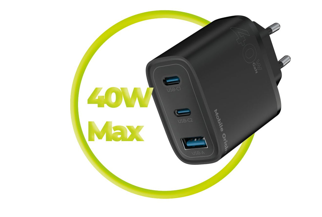 Mobile Origin GaN 40W Wall Charger MO13, black 1 USB-A + 2 USB-C