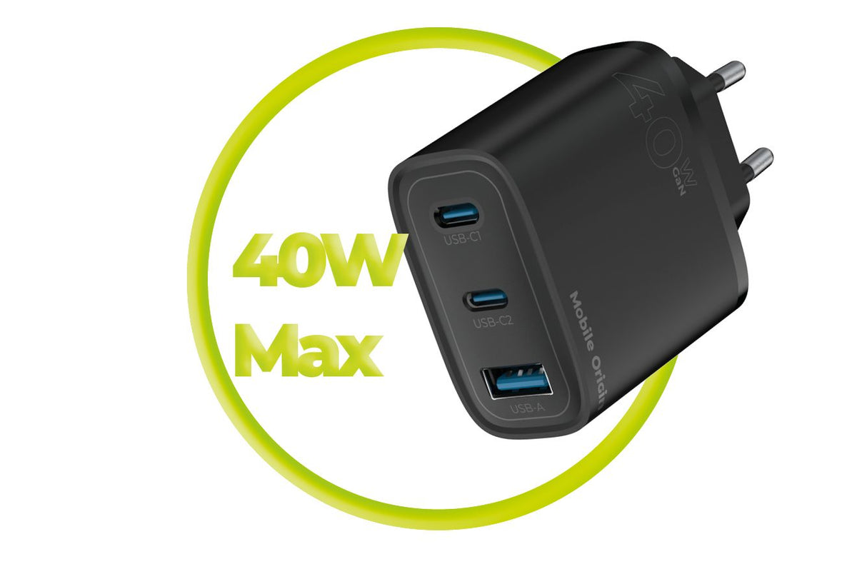 Mobile Origin GaN 40W Wall Charger MO13, black 1 USB-A + 2 USB-C