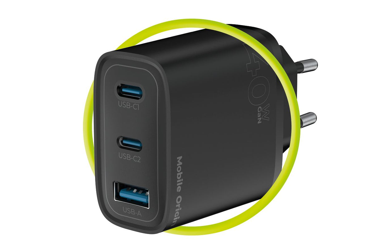 Mobile Origin GaN 40W Wall Charger MO13, black 1 USB-A + 2 USB-C